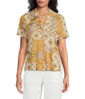 Investments Knit Mosaic Patchwork Short Sleeve Button Front Notch Collar Camp Top