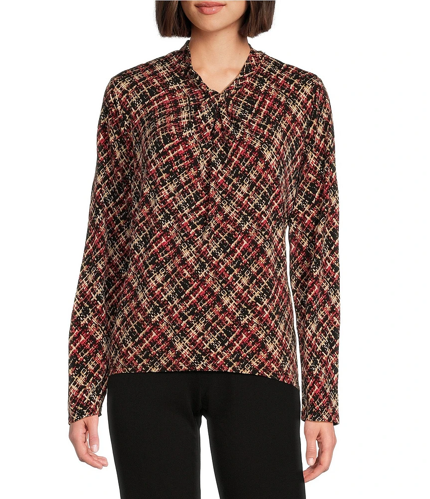 Investments Knit Printed Tweed Long Sleeve Twist Neck Top