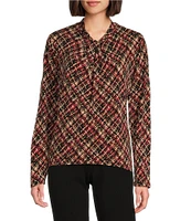 Investments Knit Printed Tweed Long Sleeve Twist Neck Top