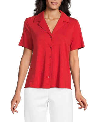 Investments Knit Short Sleeve Button Front Notch Collar Camp Top