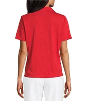 Investments Knit Short Sleeve Button Front Notch Collar Camp Top