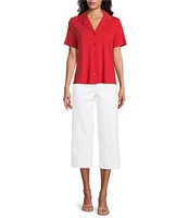 Investments Knit Short Sleeve Button Front Notch Collar Camp Top