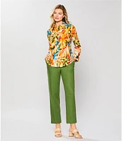 Investments Linen Blend Woven Palm Beach Multi Long Sleeve Point Collar Button Front Top