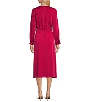 Investments Long Sleeve Crew Neck Faux Wrap Side Tie Midi Dress