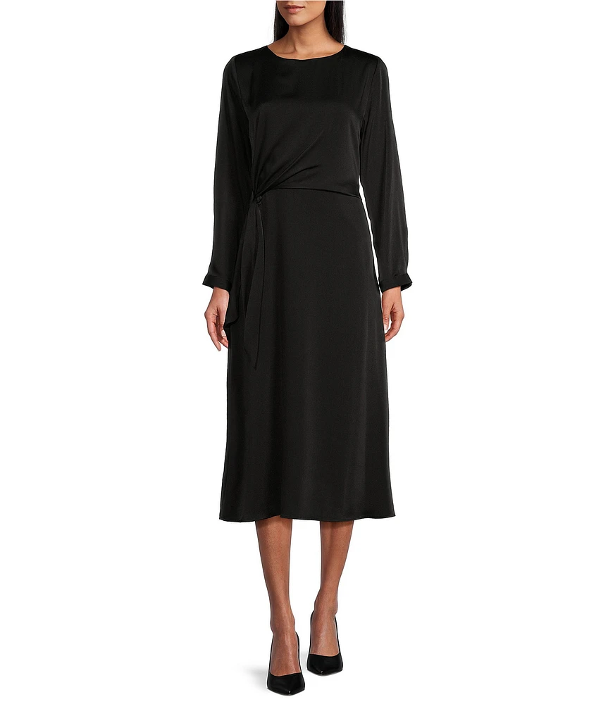 Investments Long Sleeve Crew Neck Faux Wrap Side Tie Midi Dress