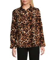 Investments Lovely Leopard Print Woven Long Sleeve Button Front Point Collar Top