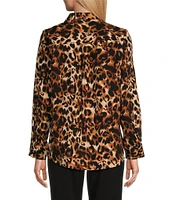 Investments Lovely Leopard Print Woven Long Sleeve Button Front Point Collar Top