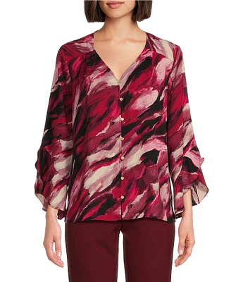 Investments Marbled Beet Abstract Print Woven Faux Button Front V-Neck 3/4 Flare Ruffle Sleeve Top