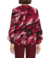 Investments Marbled Beet Abstract Print Woven Faux Button Front V-Neck 3/4 Flare Ruffle Sleeve Top