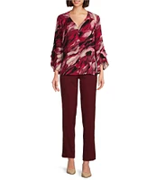 Investments Marbled Beet Abstract Print Woven Faux Button Front V-Neck 3/4 Flare Ruffle Sleeve Top