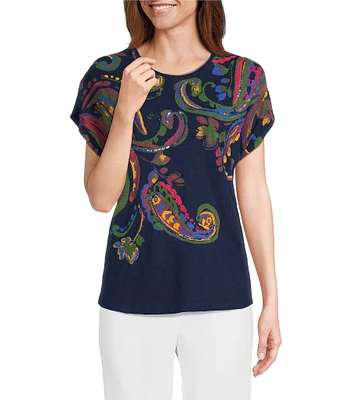 Investments Multi Paisley Short Sleeve Novelty Crew Neck Top