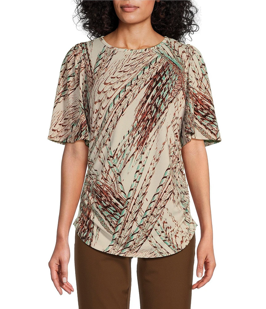 Investments Abstract Neutral Feather Print Crew Neck Flare Short Sleeve Ruched Top