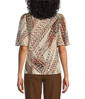 Investments Abstract Neutral Feather Print Crew Neck Flare Short Sleeve Ruched Top