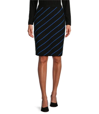 Investments Novelty Black/Blue Stripe Pull On Midi Pencil Sweater Skirt