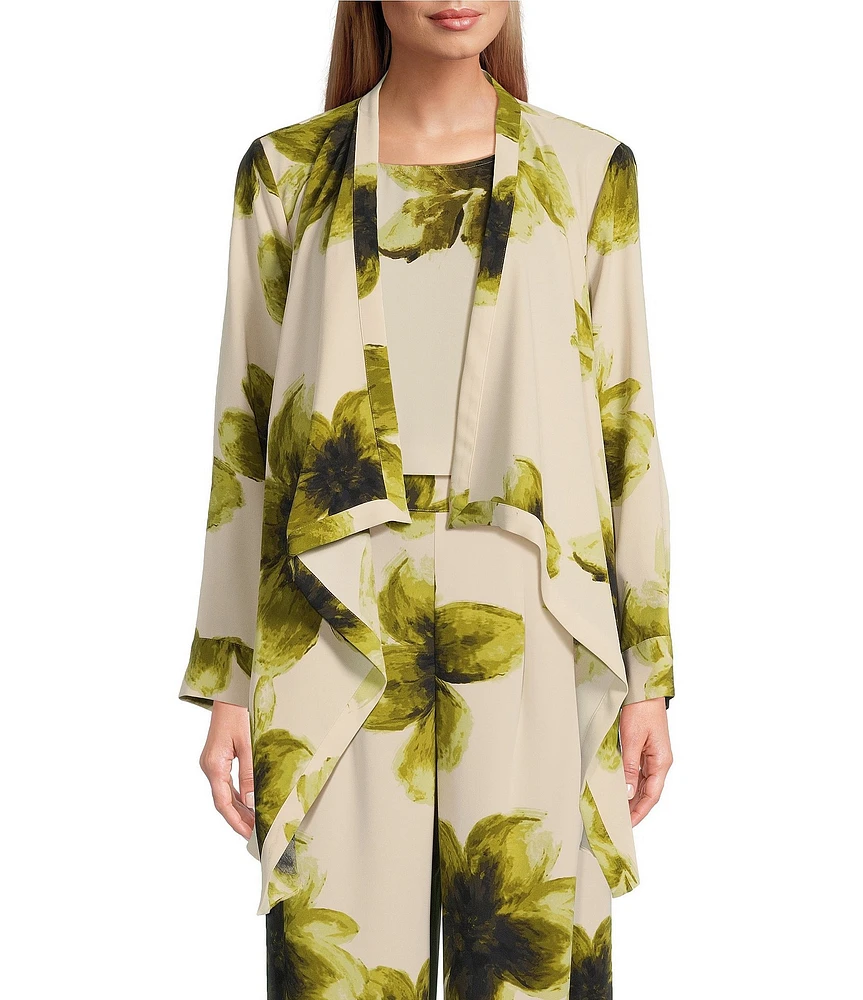 Investments Open Drape Front Long Sleeve Button Cuff Watercolor Blooms Print Novelty Jacket