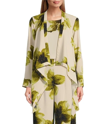 Investments Open Drape Front Long Sleeve Button Cuff Watercolor Blooms Print Novelty Jacket