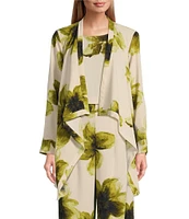Investments Open Drape Front Long Sleeve Button Cuff Watercolor Blooms Print Novelty Jacket