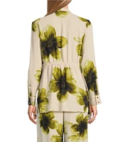 Investments Open Drape Front Long Sleeve Button Cuff Watercolor Blooms Print Novelty Jacket