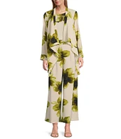 Investments Open Drape Front Long Sleeve Button Cuff Watercolor Blooms Print Novelty Jacket