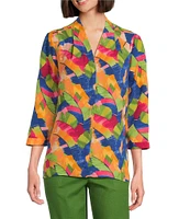 Investments Petite Caroline Signature Leafy Sketch V-Neck 3/4 Sleeve Button Front Top