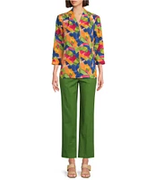 Investments Petite Caroline Signature Leafy Sketch V-Neck 3/4 Sleeve Button Front Top