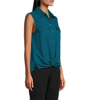 Investments Petite Point Collar Sleeveless Button Tie Front Top