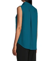 Investments Petite Point Collar Sleeveless Button Tie Front Top