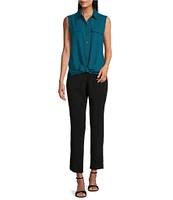 Investments Petite Point Collar Sleeveless Button Tie Front Top