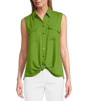 Investments Petite Point Collar Sleeveless Button Tie Front Top