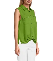 Investments Petite Point Collar Sleeveless Button Tie Front Top