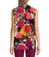 Investments Petite Point Collar Sleeveless Floral Button Tie Front Top