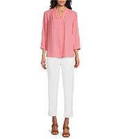 Investments Petite Size Caroline Signature V-Neck 3/4 Sleeve Button Front Blouse