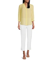 Investments Petite Size Caroline Signature V-Neck 3/4 Sleeve Button Front Blouse