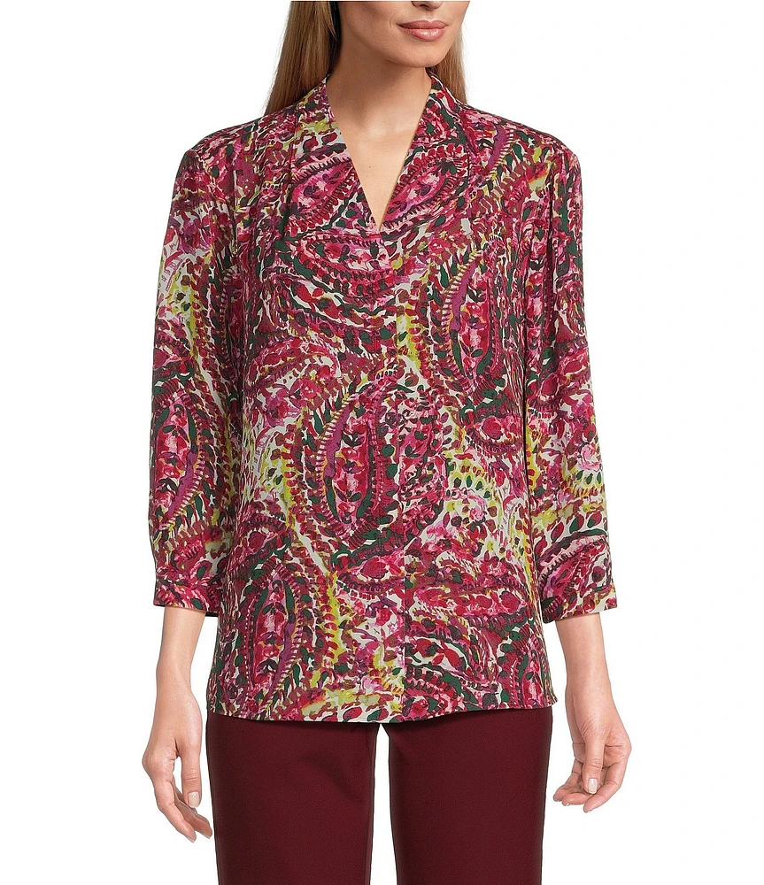 Investments Petite Size Caroline Signature Elegant Paisley Print V-Neck 3/4 Sleeve Button Front Top