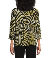 Investments Petite Size Caroline Signature Green Zebra V-Neck 3/4 Sleeve Button Front Top