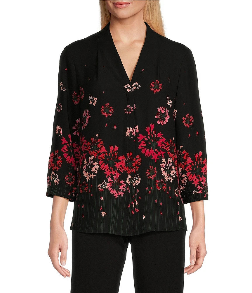 Investments Petite Size Caroline Signature Placed Floral V-Neck 3/4 Sleeve Button Front Top