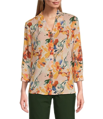 Investments Petite Size Caroline Signature Whimsy Floral Print V-Neck 3/4 Sleeve Button Front Top