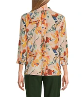 Investments Petite Size Caroline Signature Whimsy Floral Print V-Neck 3/4 Sleeve Button Front Top