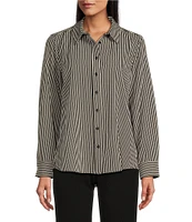 Investments Petite Size Classic Stripe Print Woven Long Sleeve Button Front Point Collar Top