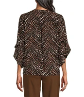 Investments Petite Size Dashed Chevron Abstract Print Woven Faux Button Front V-Neck 3/4 Flare Ruffle Sleeve Top