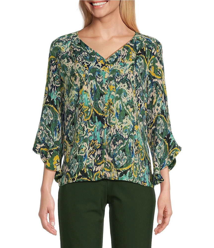 Investments Petite Size Etched Paisley Print Woven Faux Button Front V-Neck 3/4 Flare Ruffle Sleeve Top