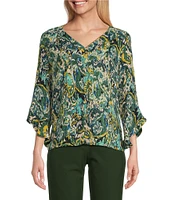 Investments Petite Size Etched Paisley Print Woven Faux Button Front V-Neck 3/4 Flare Ruffle Sleeve Top