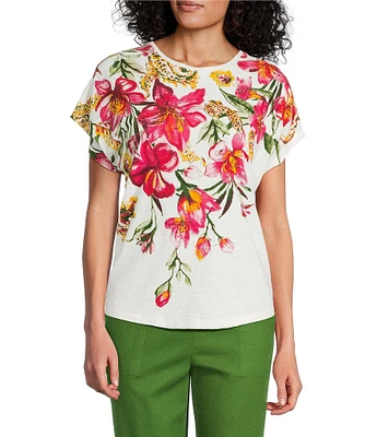 Investments Petite Size Hanging Floral Short Sleeve Embellished Novelty Crew Neck Top