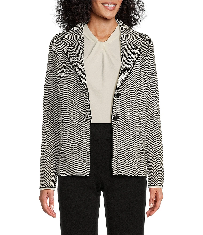 Investments Petite Size Herringbone Long Sleeve Notch Lapel Two Button Sweater Blazer