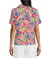 Investments Petite Size Knit Folk Art Floral Short Sleeve Button Front Notch Collar Camp Top
