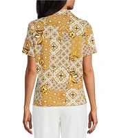 Investments Petite Size Knit Mosaic Patchwork Short Sleeve Button Front Notch Collar Camp Top