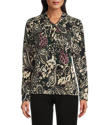 Investments Petite Size Knit Painted Paisley Long Sleeve Twist Neck Top