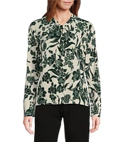 Investments Petite Size Knit Painterly Floral Long Sleeve Twist Neck Top