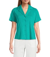Investments Petite Size Knit Short Sleeve Button Front Notch Collar Camp Top