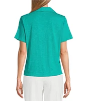 Investments Petite Size Knit Short Sleeve Button Front Notch Collar Camp Top